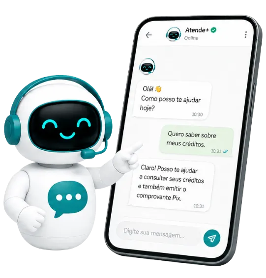 Robô Atende+ apontando para o chat no celular