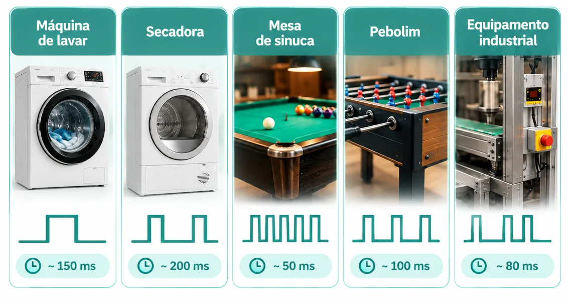 Tempo de pulso aproximado por tipo de equipamento: máquina de lavar, secadora, mesa de sinuca, pebolim e equipamento industrial